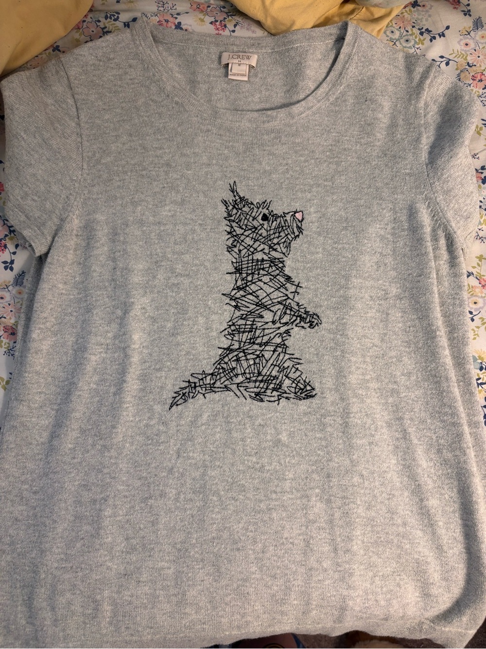 J. Crew Light Gray Dog Scribble Pet Tee with Pink Ear Detail